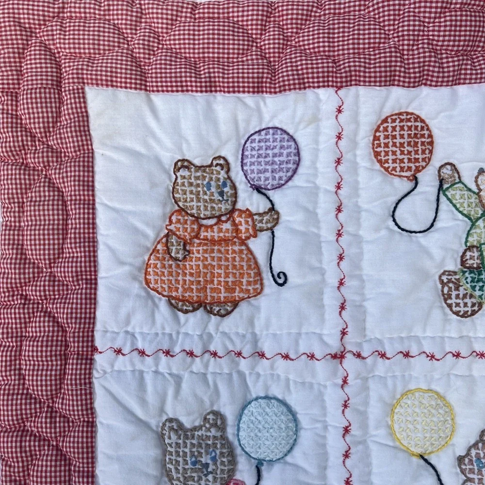VTG 1970s Handmade Cross Stitch Teddy Bear Red Gingham Baby Crib Quilt 31x39